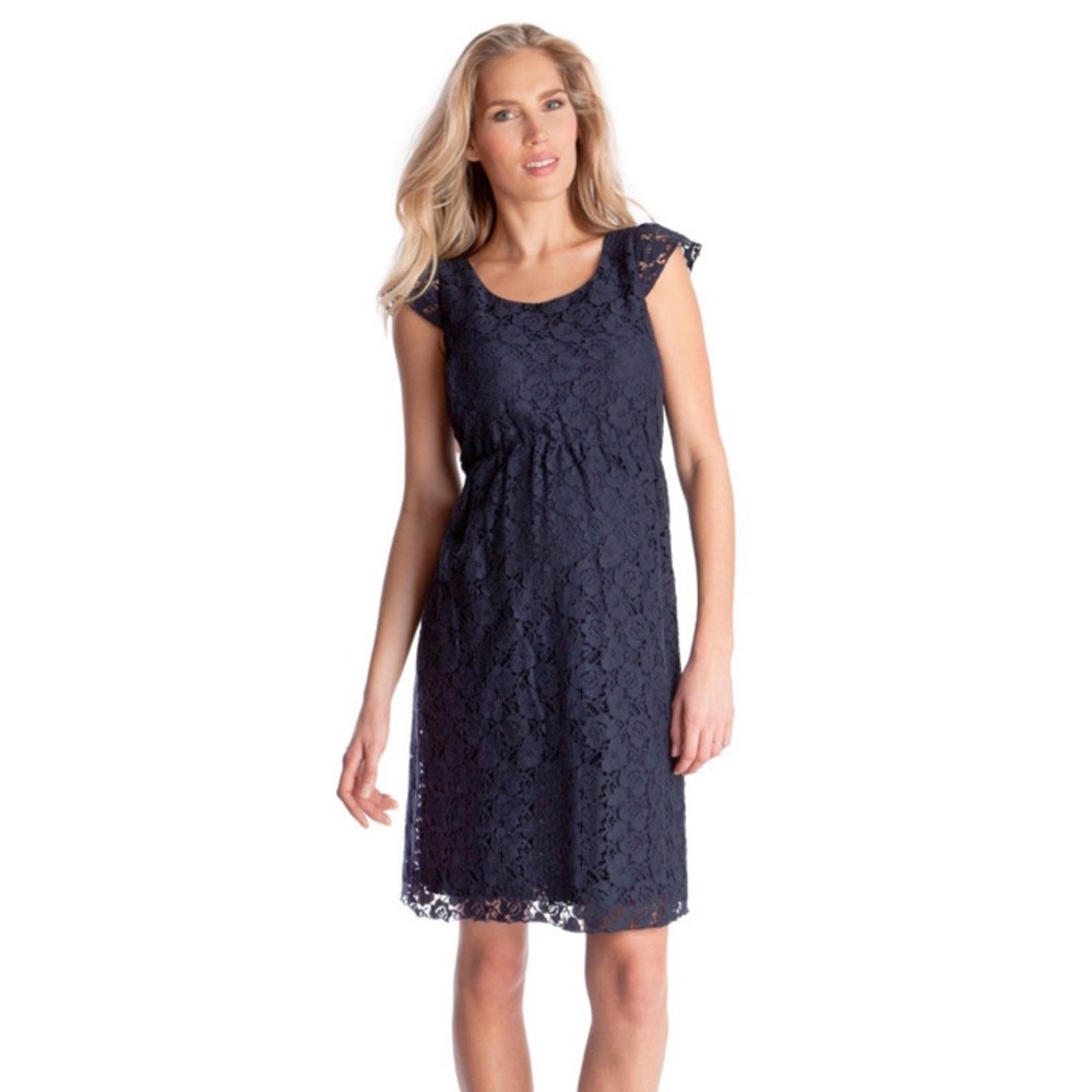 Seraphine Navy Blue Floral Lace Maternity Dress Cap Sleeve Empire Waist US 4